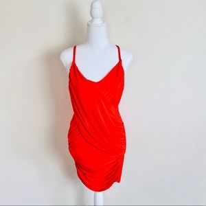 Orange Slinky Asymmetrical Wrap Illusion Mini Tank Dress